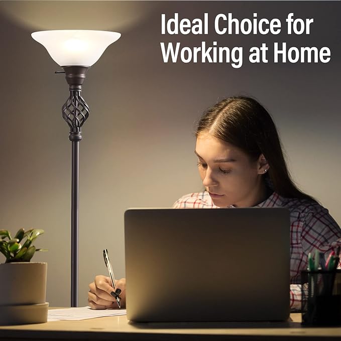 Torchiere Floor Lamp for Living Room, LED Standing Reading Light for Bedroom with Glass Shade for Living Room Corner Bedroom Home Office,Bulbs Included (Red Brown,Glass 1 Head)