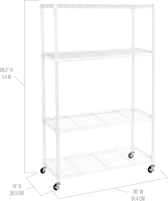 Seville Classics Solid Steel Wire Shelving Storage Unit Adjustable Shelves Organizer Rack, for Home, Kitchen, Office, Garage, Bedroom, Closet, White, 4-Tier, 36" W x 14" D