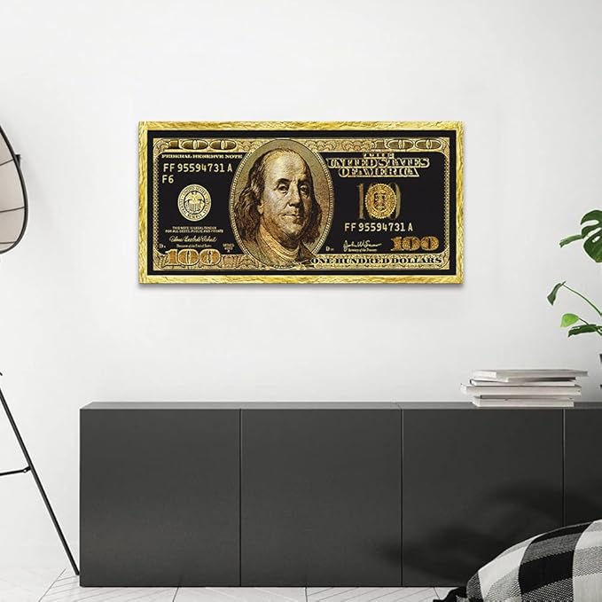 Positive Golden Dollar Money Canvas Office Paintings Prints Wall Art 100 Bill Money Abstract Wall Pictures HD Print Gift Choice for Men Farmhouse Bar Classroom Wall Decor Gallery Wrapped-40"Wx20"H
