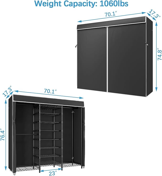 VIPEK S3C Heavy Duty Portable Closet with Adjustable Shoe Rack Wire Shelf, Large Wardrobe Organizer for Bedroom Storage, Freestanding Clothes Rack with Hanging Rod, Custom Black Rack with Black Cover