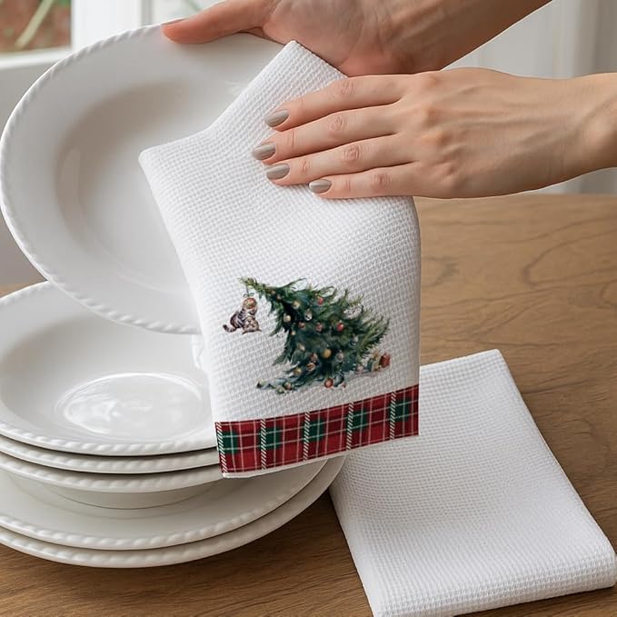 Cats Dish Towels Baking Cooking Drying Cloth,Funny Cat Christmas Kitchen Towels Gifts for Women Cat Mom Lady Lover,Seasonal Hand Towels Decoration for Home,Cute Bathroom Hand Towel Decor -23