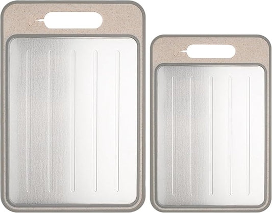 Cutting Board Double Sided,2 Pcs Vegetable Board With Sharpening Stone,Large Size+Small Size,Food Grade Stainless steel and Wheat straw PP Material,Eco-Friendly and Easy to Clean (khaki)