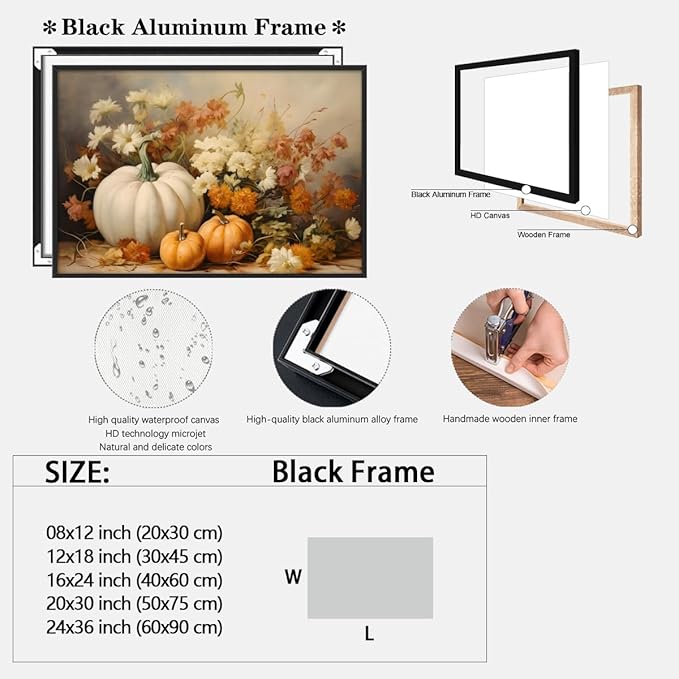 Fall Canvas Wall Art Rustic Pumpkin Posters Fall Pictures Print Dark Cottagecore Thanksgiving Wall Decor for Home Living Room 24x36inch black framed
