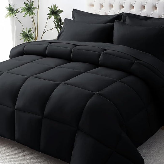 JOLLYVOGUE Oversized King Comforter Set, Ultra-Soft Bed in a Bag Oversized King Size 7 Pieces, Oeko-TEX Certified Bedding Set with Down Alternative Comforter, Sheets, Pillowcases & Shams, Black