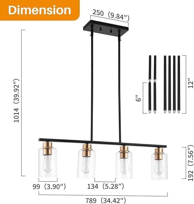 Kitchen Island Light, 4-Light Pendant Lighting, Farmhouse Industrial Dining Room Light Fixtures for Kitchen Island Dining Living Room, Matte Black Gold with Clear Glass Shade