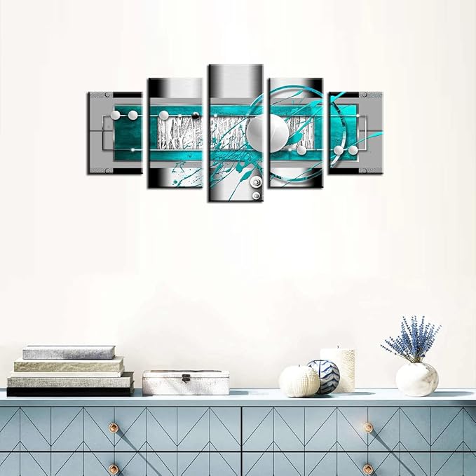 AWLXPHY Decor Abstract Wall Art Blue and White for Living Room Decor Geometric Canvas Painting Modern Simple Circle Round Line HD Print Artworks Giclee 5 Pieces (Blue, W60 x H30)