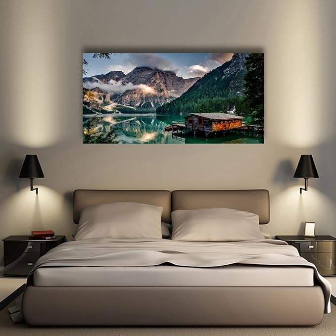 Green Lake Mountain Pictures Canvas Wall Art for Living room Bedroom Wall Decor, Mountain Wall Art Print Paitnings for home Decor,Morden Artwork House in the lake Landscape Canvas Art