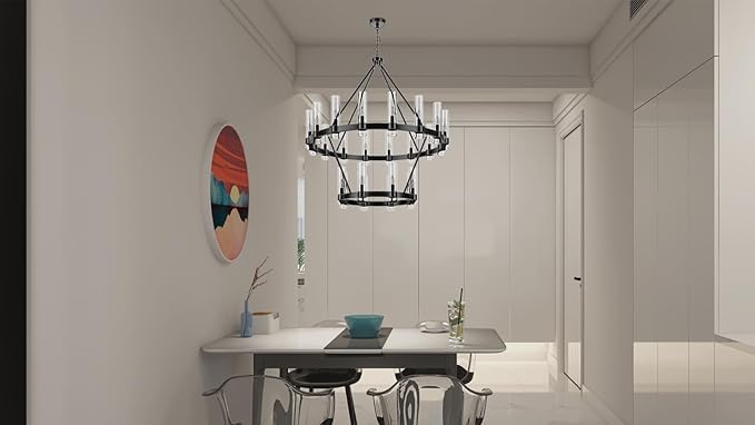 48 Inch Black Wagon Wheel Chandelier 2 Tier with Glass Shade, 24 Lights, Modern Farmhouse Style, Ideal for Dining Room, Kitchen, Entryways