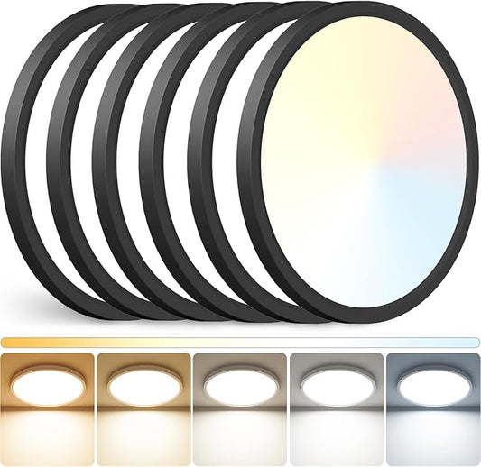 Peasur 12 inch LED Ceiling Light, 3000K/3500K/4000K/5000K/6500K Adjustable Flush Mount Light Fixture,3200LM 28W Thin Black Round Lamp for Hallway Kitchen Bathroom Bedroom, 6Pack