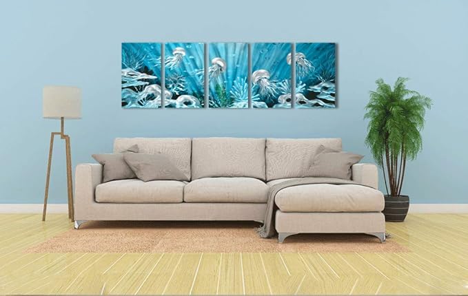 Yihui Arts Blue Deep Sea Metal Wall Art, Large Jellyfish Metal Artwork in Modern Ocean Design, 3D Wall Art for Modern and Contemporary Decor, 5-Panels, Metal Wall Decor