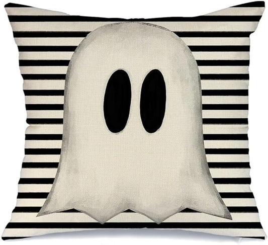 AACORS Halloween Throw Pillow Cover 18X18 Inch White Ghost Striped Decorations Holiday Farmhouse Cushion Case for Home Sofa Couch Decor AA012-18