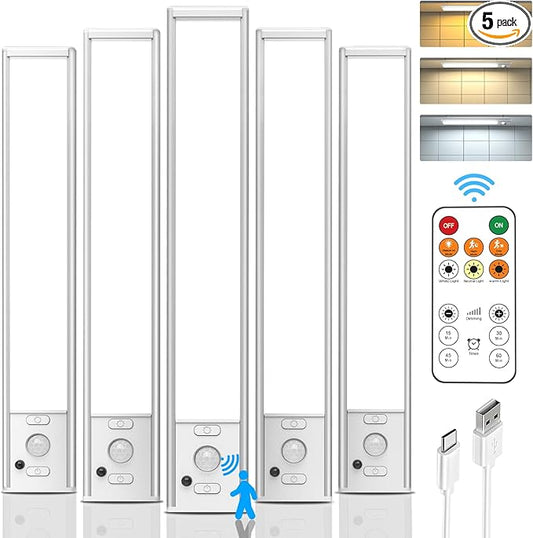 Under Cabinet Lights Wireless,Motion Sensor Light Indoor Closet Lights with Remote Control,3 Color Temps,LED Rechargeable Battery Operated,Under Counter Lights for Kitchen,Wardrobe,Stairs,5 Pack