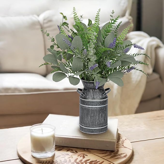 Hollyone Artificial Eucalyptus Plant in Rustic Metal Vase 18" Fake Plants Eucalyptus Leaves Lavender Stems Faux Greenery Potted for Farmhouse Kitchen Office Shelf Home Indoor Table Centerpieces Decor