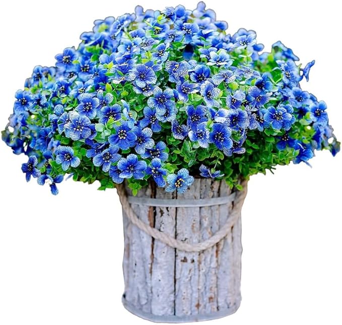 Artificial Faux Plants Flowers Outdoor Spring Summer Decoration, 16 Bundles Artificial Flowers Outdoor UV Resistant Fake Plastic Flowers Faux Plants for Planter Porch Patio Decor (16, Blue)
