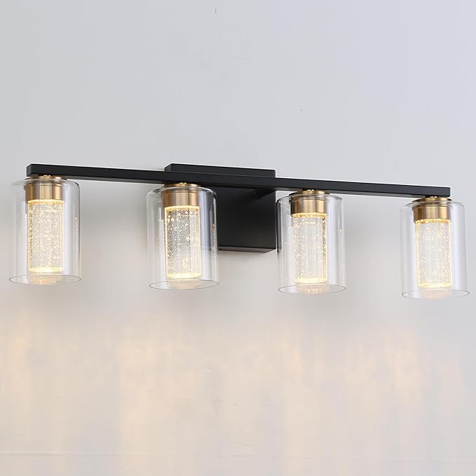 4-Light Black Bathroom Light Fixture, Dimmable 5CCT Black and Gold Bathroom Vanity Lights, 2700K-6500K Modern Crystal Bubble LED Wall Sconce Over Mirror with Clear Glass