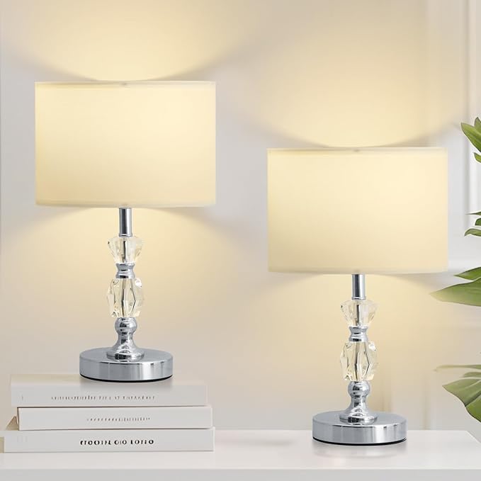 Crystal Table Lamps Set of 2, 3-Color Dimmable Modern Nightstand Lamp for Living Room/Bedroom/Entryway and Other Rooms, Led Bulb Included