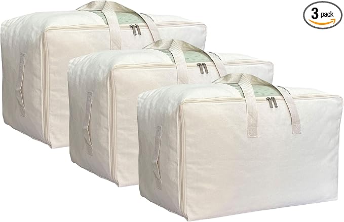 Soft Large Canvas Comforter Storage Bags with Four Carrying Handles and Clear Window, Closet Organizer for Clothing, Blankets Sheets Pillows and Bedding, 80L, 3 Pack, Beige