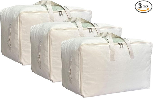 Soft Large Canvas Comforter Storage Bags with Four Carrying Handles and Clear Window, Closet Organizer for Clothing, Blankets Sheets Pillows and Bedding, 80L, 3 Pack, Beige