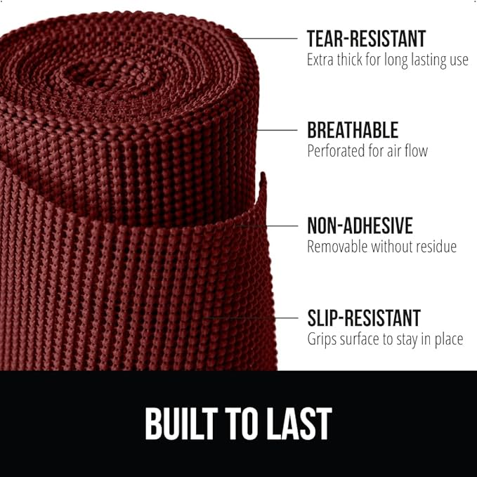 GORILLA GRIP powerGRIP Drawer Shelf and Cabinet Liner, Thick Strong Hold, Non-Adhesive Liners Protect Kitchen Cabinets and Cupboard, Bathroom Drawers, Easy Install, Breathable Mat, 12" x30', Red