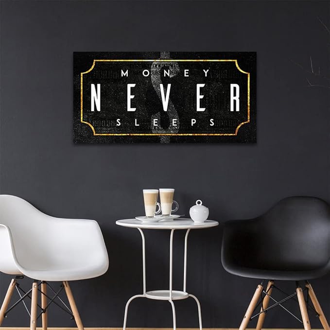 Abstract Creative Money Never Sleeps Motivational Quote Art Prints Painting on Canvas Inspirational Poster Wall Picture Office Wall Art Living Room Bedroom Wall Hangings Framed Ready to Hang-32"Wx16"H