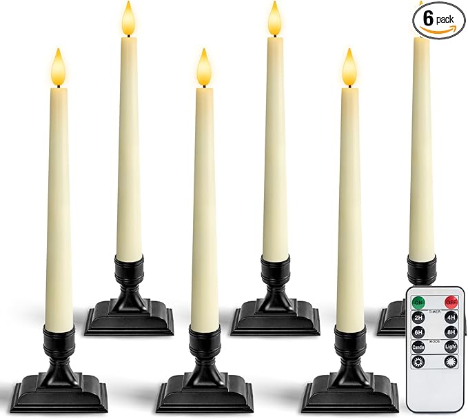 Homemory Wax Window Candles with Remote Timer Dimmer, Battery Operated Candlesticks with Holders, Christmas LED Candlesticks for Window Home Part Decor, 6 Pcs Ivory