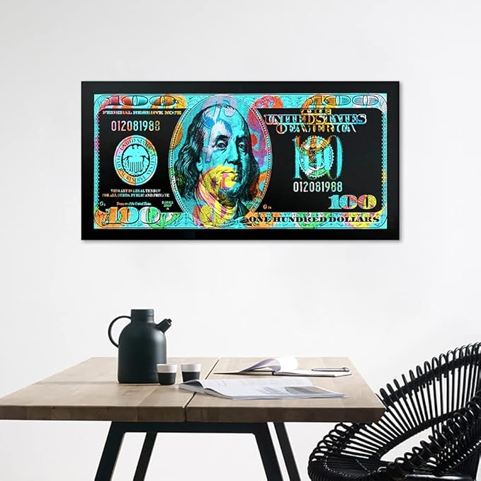 Money Canvas Wall Art - Green Painting Graffiti Dollar Prints Poster 100 Dollar USD Picture Artwork for Home Office Study Room Classroom Living Room Wall Decor Framed 32" Wx16 H