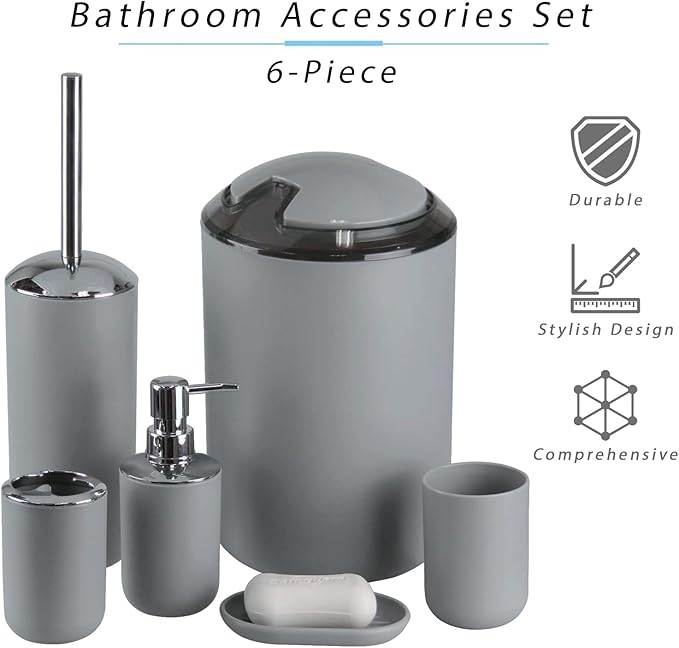 IMAVO Bathroom Accessories Set,Grey Bathroom Set,7 Pieces Bathroom Accessory Set,Tray,Toilet Brush,Trash Can for Bathroom Décor and Housewarming Gifts