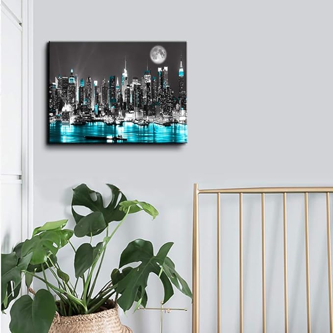 canvas wall art blue sea New York paintings Wall Art,Black and White Stretched wall art for bedroom artwork Canvas Art Prints, 16"x20"Wall Decoration Painting bedroom wall decor Office, Ready to Hang