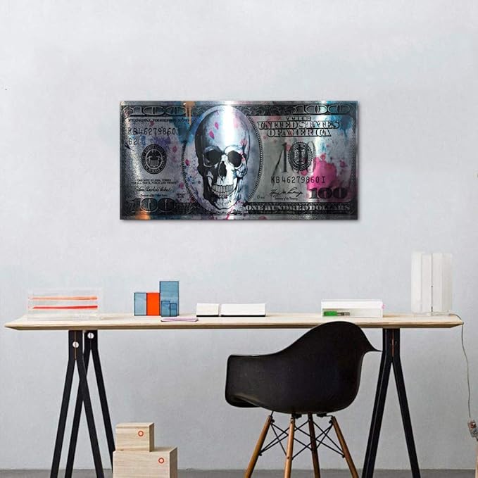Office Decor Wall Art Canvas Dollar Skull Modern Art Canvas Poster Prints Creative Money 100 Picture Wall Decor Painting Artwork for Home Walls for Living Room Bedroom Framed Ready to Hang-32 Wx16 H