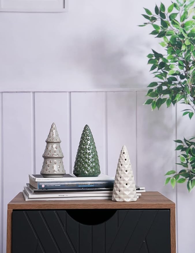 HAUCOZE 3pcs Christmas Figurine Decor Tree Statue Modern Sculpture Home Gifts Table Centerpiece Crafts Ceramic Arts 5.9inch