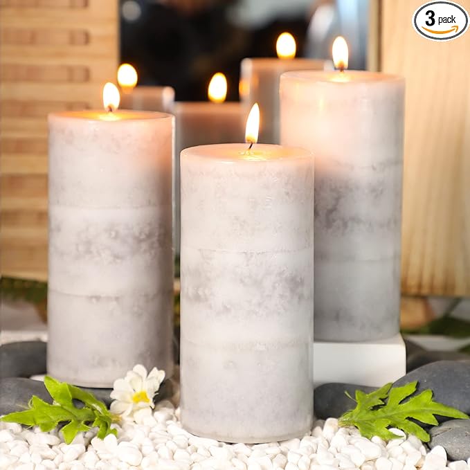 3x6 inch Pillar Candles Cozy Cotton Scented Set of 3 Gray White Layered Mottled Aromatherapy Candles for Weddings Home Wall Shelf Decorations Yoga Spa Dinner Table