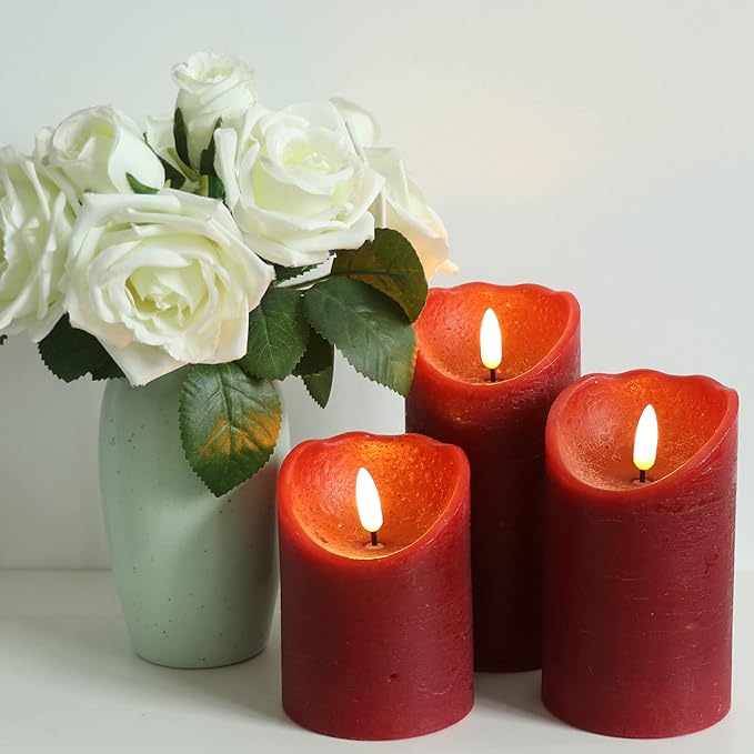 Eldnacele Red Wax Flameless Flickering Candles with 6H Timer, 3D Wick Realistic Battery Operated Pillar LED Candles Set of 3 for Easter Home Wedding Party Christmas Decoration (D3” x H4”5”6”)