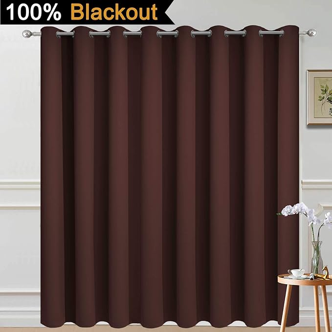 Yakamok Blackout Extra Wide Patio Sliding Door Curtains, Grommet Thermal Insulated Blind Curtains, Sliding Glass Door Panel for Living Room/Space Room Divider, Chocolate Brown, W100 x L96, 1 Panel