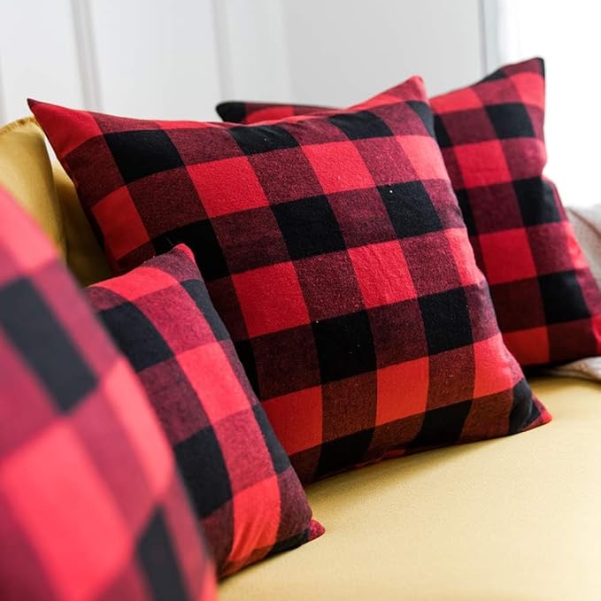 MIULEE Pack of 2 Classic Farmhouse Buffalo Check Plaids Polyester Linen Soft Soild Decorative Square Throw Pillow Covers Home Decor Cushion Case for Sofa Bedroom 18x18 Inch, Black and Red