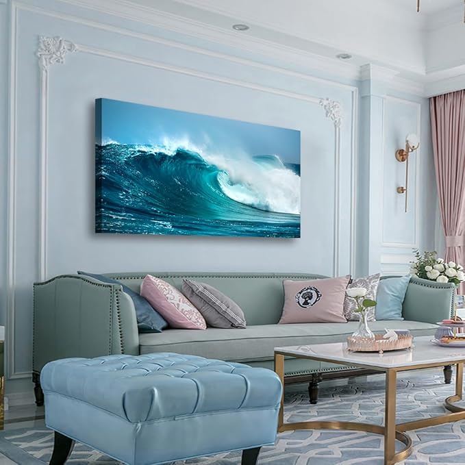 Sea Waves Wall Art for Living Room Bedroom Office Paintings Large Blue Beach Wall Art Pictures Artwork Nature Ocean Canvas Wall Art Prints Framed Room Wall Decor 20 * 40inch