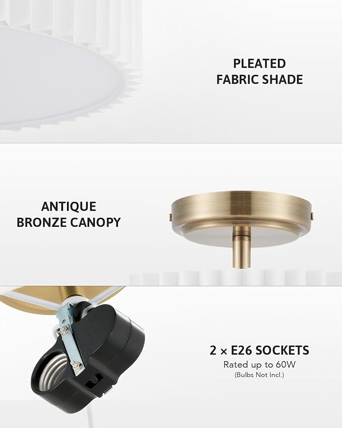 VONLUCE Semi Flush Mount Ceiling Light, 12.2'' Ceiling Light Fixture with Pleated Shade, 2-Light Modern Drum Light Fixture for Bedroom Living Room Entryway Hallway, White Shade & Bronze Finish