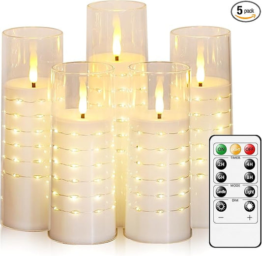Flameless Candles with Embedded Star String - Flow Flicker Battery LED Candles, Realistic Flame,White Set of 5 | Holiday Decoration, Wedding, Party Adding to The Family Atmosphere
