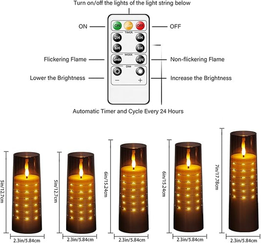 Flameless Candles with Embedded Star String - Flow Flicker Battery LED Candles, Realistic Flame, Grey Set of 5 | Holiday Decoration, Wedding, Party Adding to The Family Atmosphere