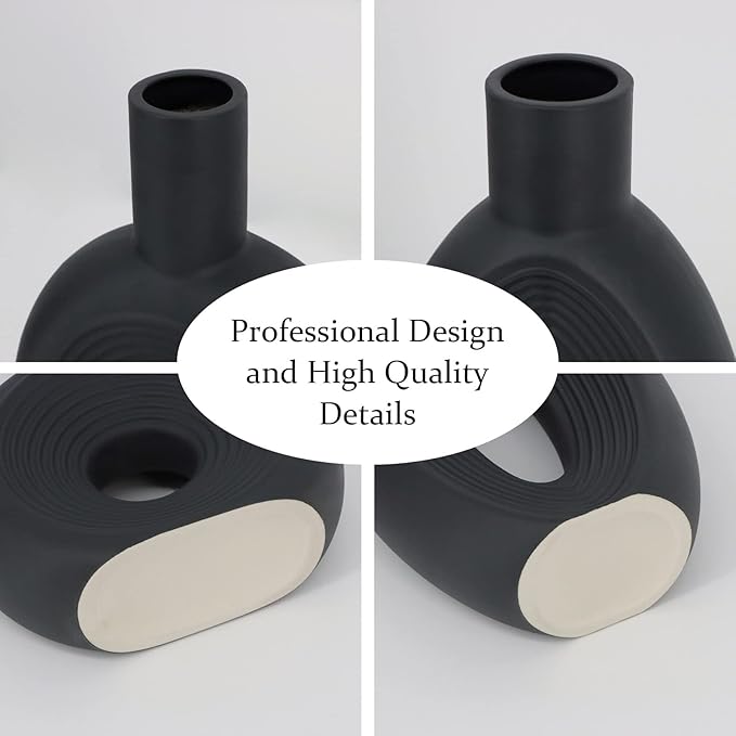 Ceramic Vase - Set of 2 for Home Decor,Black Pampas Vases Minimalist Nordic Boho Style for Modern Farmhouse Decor, Living Room、 Kitchen、Mantle、Bedroom、Dining Table、Office