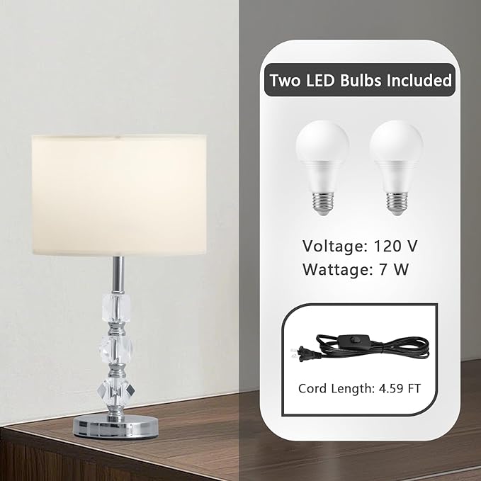 Crystal Table Lamps Set of 2, 3-Color Dimmable Modern Bedside Lamp for Livingroom/Bedroom/Entryway and Other Rooms, Led Bulb Included