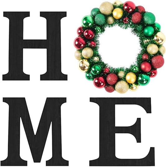 Wooden Home Sign with Artificial Christmas Wreath for O, Hanging Farmhouse Wall House Winter Decor Wood Letters for Wall Art Rustic Home Decor, Red Green Wreath for Living Room Entryway