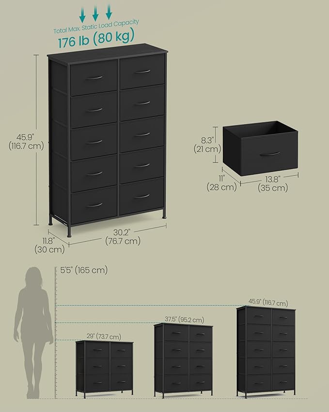 SONGMICS Dresser for Bedroom, Chest of Drawers, Steel, MDF, 10 Non-Woven Fabric Drawers, Storage Organizer Unit, Closet, Entryway, Rustic Brown and Ink Black ULGS125B01S