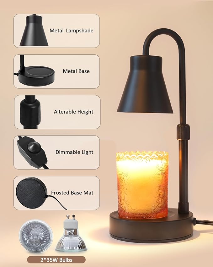 Candle Warmer Lamp with Adjustable Height, Stepless Dimming Function-Home Decor Lamp, Metal Candle Lamp for Jar Candles, No Flame Scented Candle Warmer with 2 Bulbs (Black)