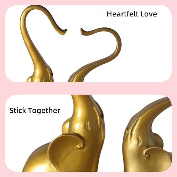 Loving Elephant Statues Home Decor, Small Elephant Figurines in Love for Women, Elephant Sculpture Heart Decorative Objects for Bookshelf Decor (Gold)