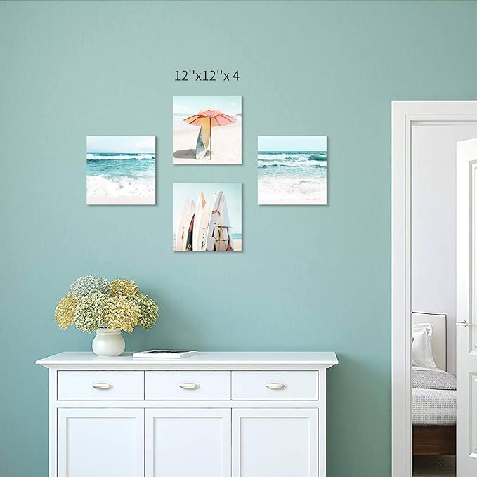 Beach Canvas Wall Art Painting: Summer Surfboard and Umbrella on Beach Picture Print for Bathroom (12'' x 12'' x 4 Panels)