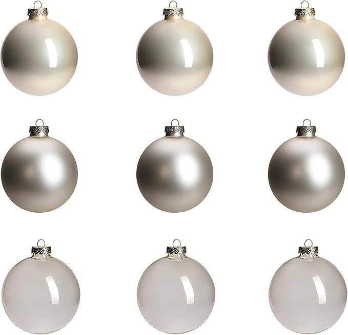 Champagne Ornaments for Christmas Tree Decoration, 3.15’’ Glass Ball Ornaments, Hanging Baubles Set of 9 with 3 Different Finishes, Plain Xmas Balls for Home Decor, Wedding Party Gift