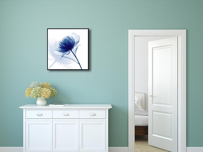 Pyradecor Large Black Framed Wall Art Blue Flickering Flower Grace Floral Pictures on Canvas Prints One Panel Artwork for Bedroom Office Home Decorations