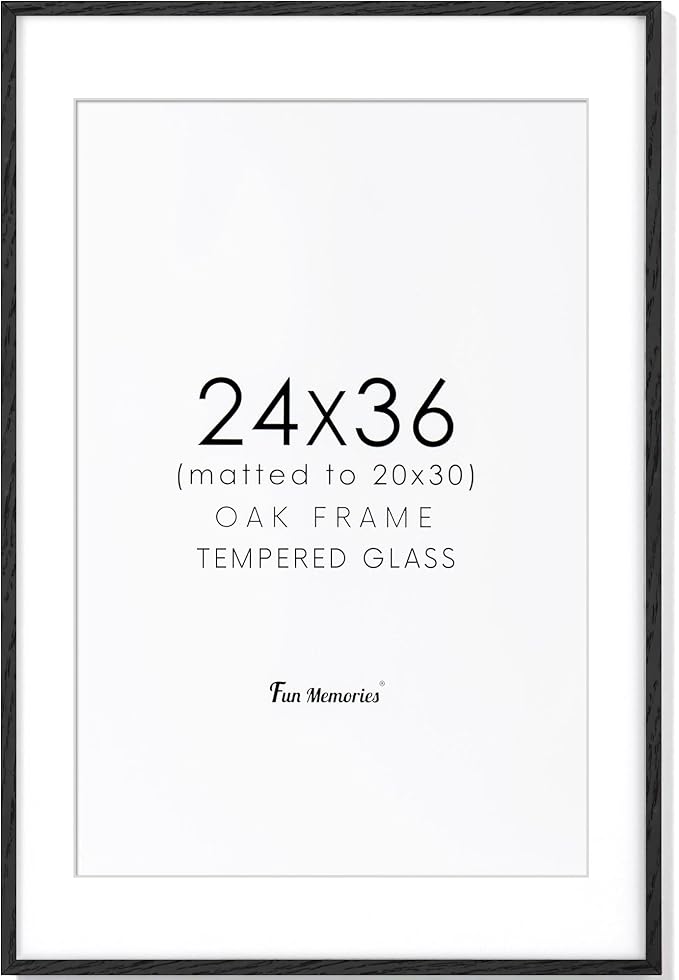 24x36 Black Picture Frame, Black Poster Frame 24 x 36, Solid Oak Wood Frames 24 x 36 Frame, 24"x36" Picture Frame with Tempered Glass, 24x36 Frame Matted to 20x30, 24 by 36 Art Frame for Home Decor