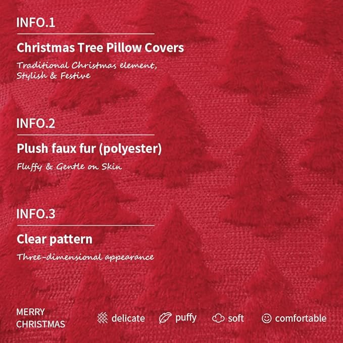 GEEORY Christmas Tree Throw Pillow Covers 12x20 Inch Set of 2, Xmas Winter Soft Plush Faux Fur Wool Decorative Farmhouse Holiday Cushion Case for Home Decoration (Red) GC005-12