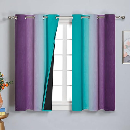 Estelar Textiler Ombre Teal and Purple Blackout Curtains 45 Inch Length 2 panels, Grommet Thermal Insulated Gradient Drapes for Kids Room, Full Light Blocking Blackout Curtains for Bedroom, 42x45 Inch